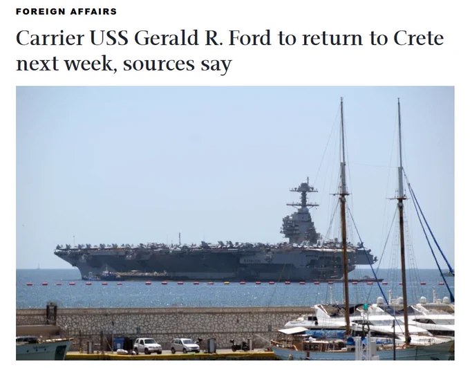 据希腊《每日新闻》报道，美国航母杰拉尔德·R·福特号预计下周返回克里特岛，可能用于补给，并调查3月12日船上发生的一起火灾事故