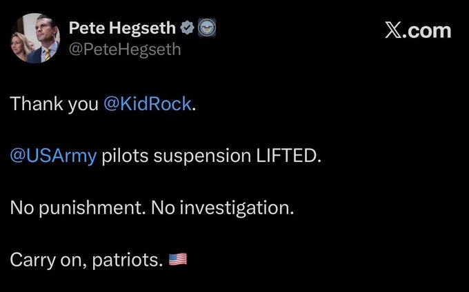 国防部长赫格塞斯宣布，曾驾机低空飞越乡村歌手Kid Rock住所的美国陆军飞行员已解除停职处分