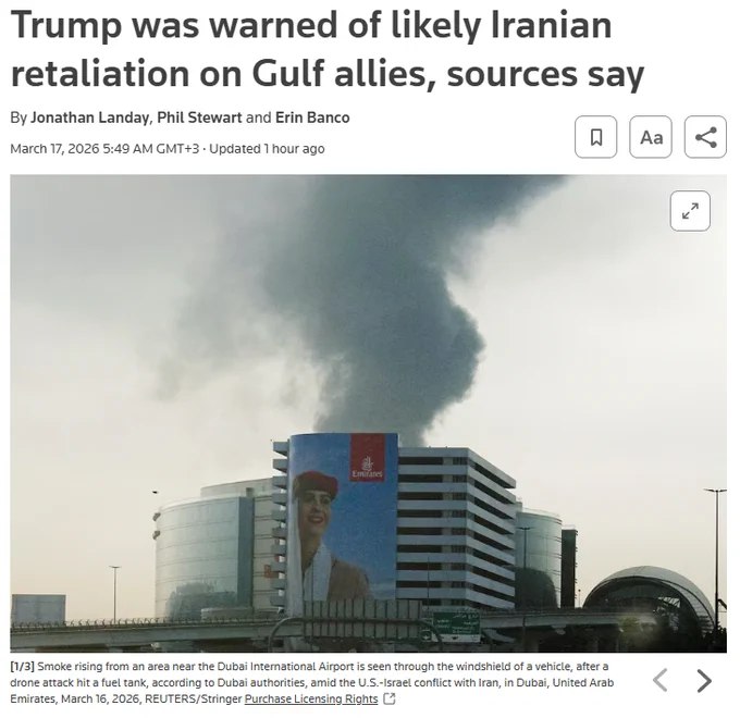 路透社报道：美国情报机构在对伊朗发动袭击前已向川普发出警告，称伊朗对美国在海湾地区盟友实施报复是大概率结果，尽管并非确定无疑