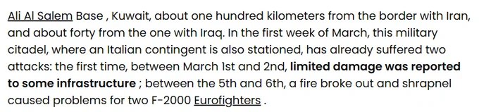 据意大利《信使报》证实，3月5日至6日期间，一次爆炸产生的弹片导致驻扎在基地的两架意大利欧洲战斗机受到轻微损伤