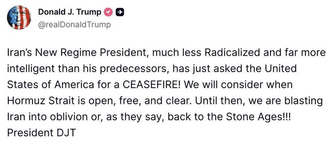 川普表示，伊朗已向美国请求停火，但美方的条件是开放霍尔木兹海峡