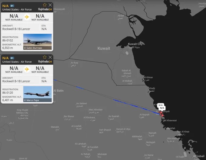 两架美国 B-1B 轰炸机今日被追踪飞越以色列、约旦及沙特阿拉伯上空，正朝伊朗方向飞行，为持续打击行动的一部分