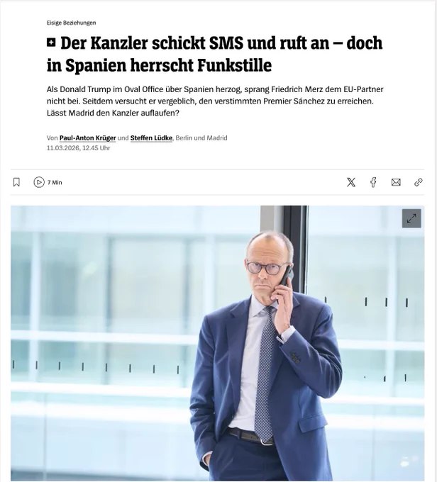德国总理弗里德里希·默茨在川普批评西班牙引发紧张局势后，多次尝试联系西班牙首相佩德罗·桑切斯，但马德里方面始终未予回应