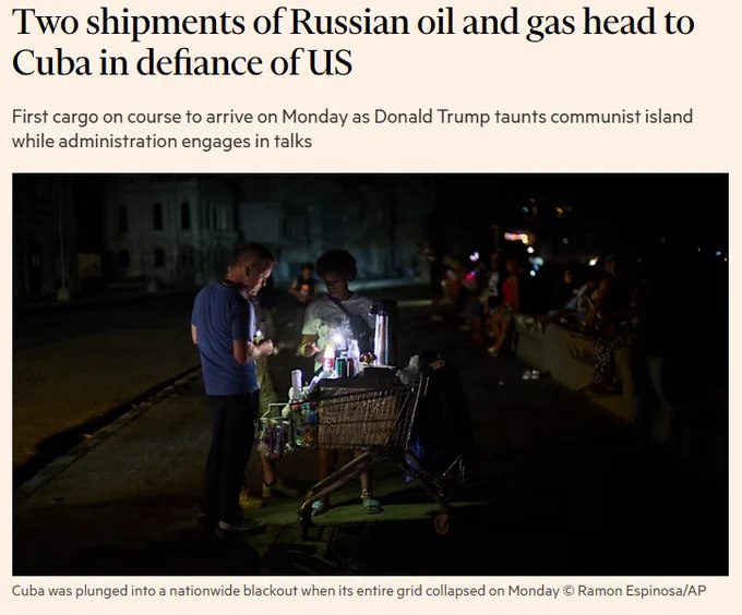 据《金融时报》报道，尽管美国在川普政府施压及制裁之下，俄罗斯仍有两艘载有石油和天然气的船只正驶往古巴