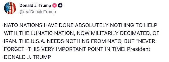 川普发文批评北约盟国："北约成员国在应对伊朗这个疯狂国家（其军事力量现已被彻底摧毁）一事上，完全没有提供任何帮助