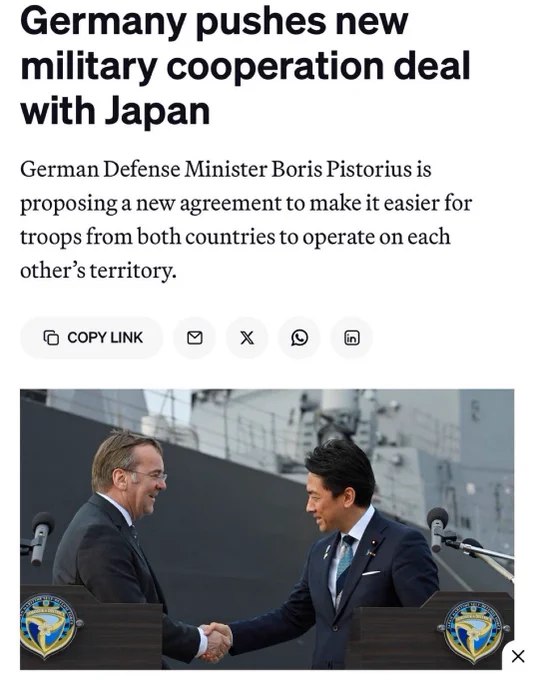 据《政治》杂志报道，德国正积极推动与日本签署新的军事合作协议