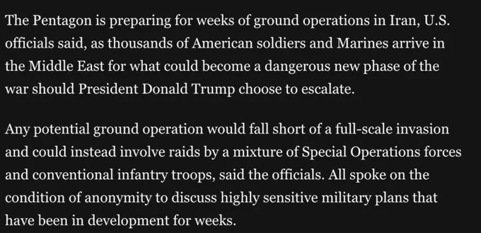 五角大楼正在为在伊朗境内持续数周的地面行动做准备