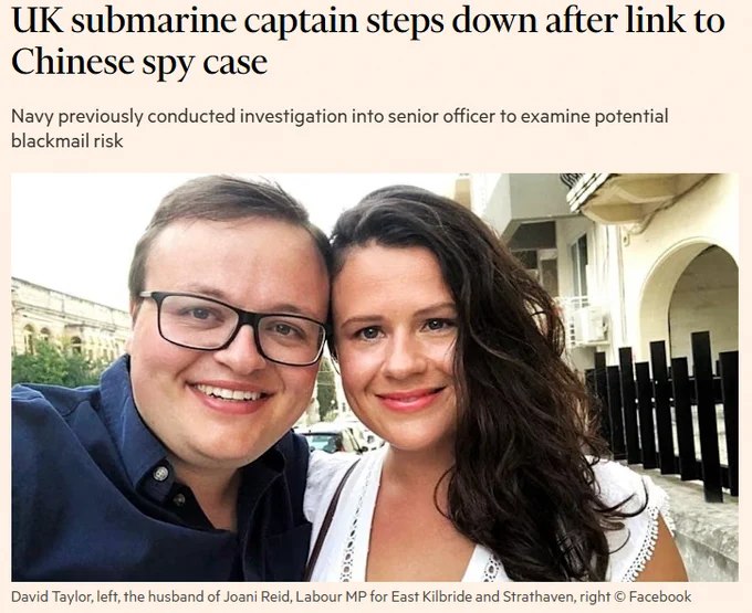 英国一名核潜艇舰长因与工党议员乔安妮·里德的过往联系再度受到审查，已主动暂时卸任