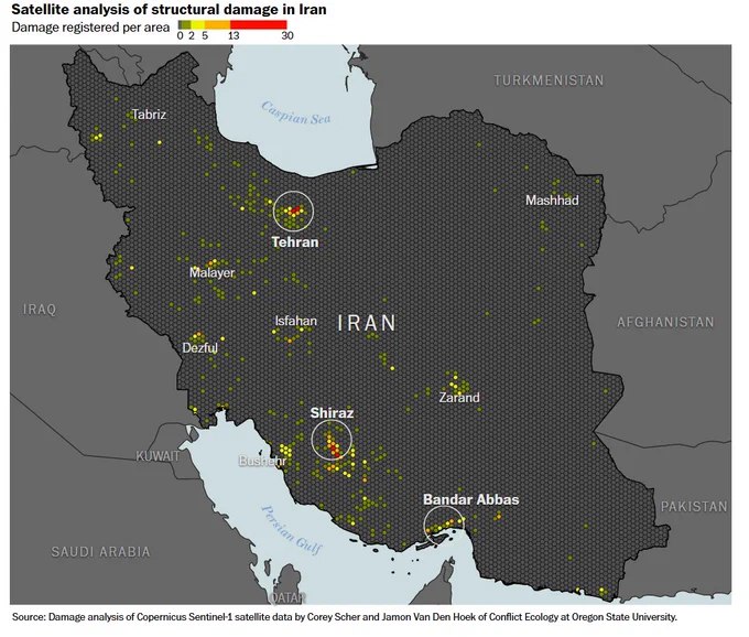 俄勒冈州立大学卫星图像分析显示，自美国与以色列对伊战争爆发以来，伊朗各地建筑物遭受大规模结构性破坏