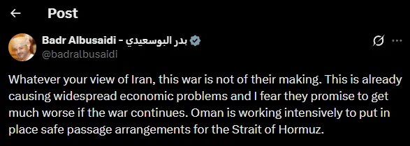 阿曼外交部长巴德尔·阿尔布赛迪表示，阿曼正积极斡旋，致力于为霍尔木兹海峡建立安全通行机制