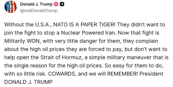 川普发文抨击北约盟友："没有美国，北约不过是纸老虎！他们不愿参与阻止伊朗核武化的军事行动