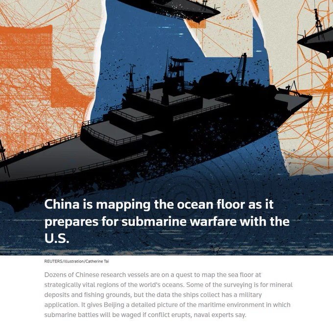据路透社报道，中国正在对海底地形进行系统测绘，为与美国可能爆发的潜艇战做准备