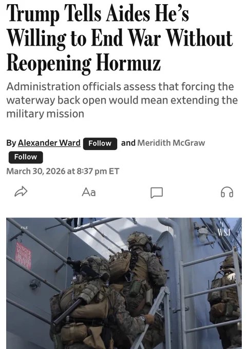 川普告知幕僚，即便霍尔木兹海峡仍大体处于封锁状态，他也愿意结束当前与伊朗的战争