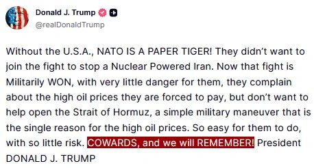 川普就拒绝协助开放霍尔木兹海峡的国家发出警告："懦夫，我们会记住的