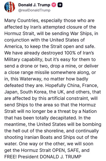 川普表示，许多国家——尤其是受伊朗企图封锁霍尔木兹海峡影响的国家——将与美国联合派遣军舰，以确保该海峡畅通安全
