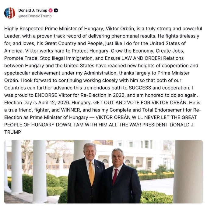 川普公开为匈牙利总理欧尔班站台拉票："出来投票支持欧尔班，他是真正的朋友、斗士，也是赢家