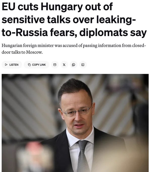 欧盟成员国因担忧匈牙利向俄罗斯泄露情报，正日益将其排除在敏感议题讨论之外