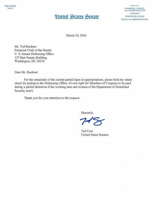突发：参议员特德·克鲁兹宣布，由于民主党导致政府停摆，他已要求参议院财务主任暂停向其发放薪酬