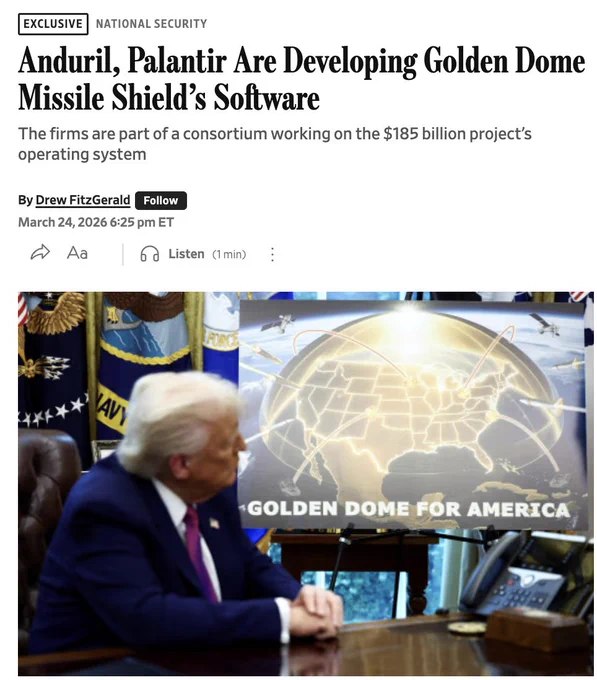 据《华尔街日报》报道，Anduril与Palantir两家科技公司已加入川普政府1850亿美元"黄金穹顶"导弹防御系统的核心软件开发团队