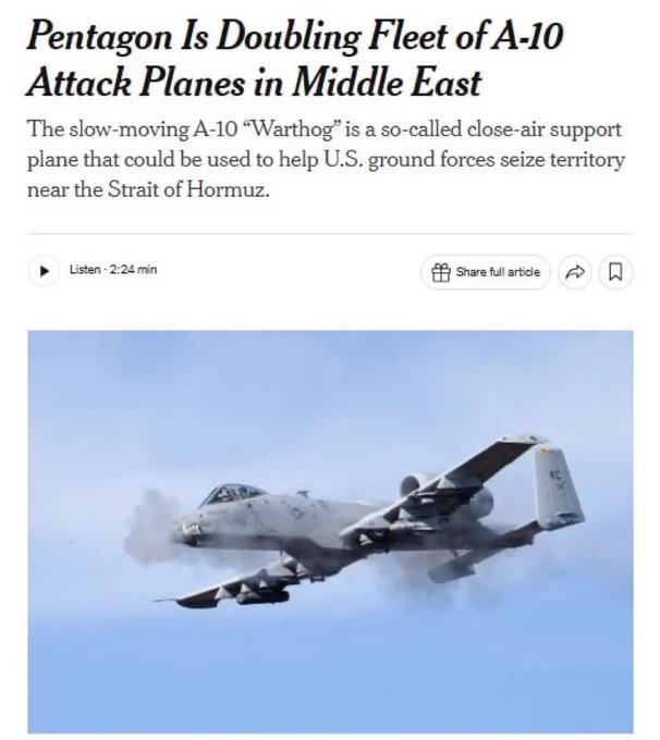 据《纽约时报》援引五角大楼消息人士报道，美国正向中东增派18架 A-10"疣猪"对地攻击机，加上此前已部署的12架，该机型在当地总数将达30架