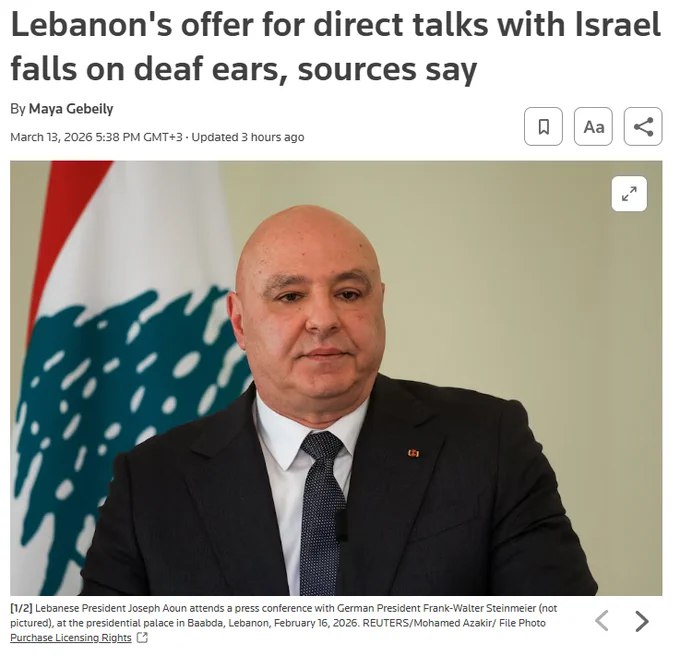 以色列拒绝了黎巴嫩近期提出的直接谈判邀请，称在真主党仍持续从黎巴嫩境内发射火箭弹的情况下，谈判无从进行