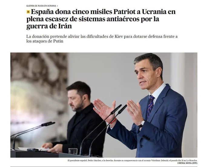 西班牙已向乌克兰移交5枚用于MIM-104爱国者防空系统的PAC-2拦截导弹，西班牙《国家报》报道