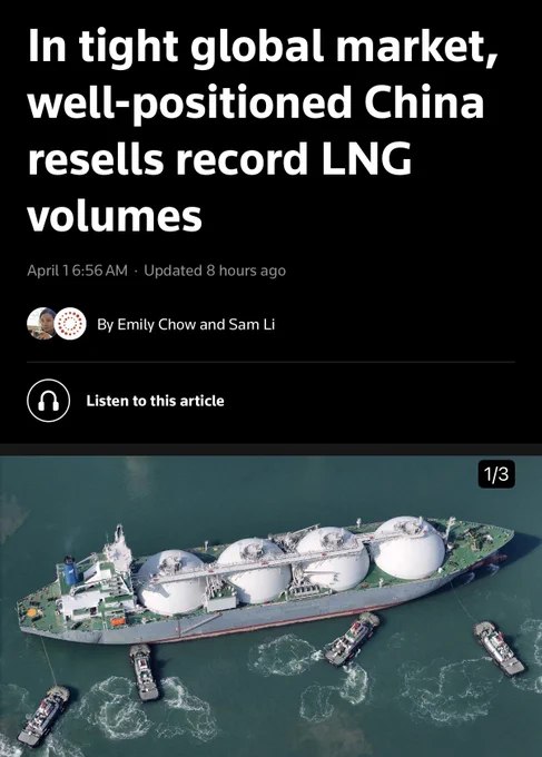 据路透社报道，中国企业正将包括与俄罗斯项目相关的过剩液化天然气（LNG）转售给日本等亚洲买家，售价为原始采购价的2至3倍，出口量创历史新高