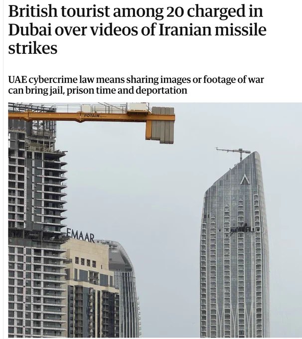 一名英国游客及另外20人在迪拜因拍摄或传播伊朗导弹袭击视频而遭到起诉