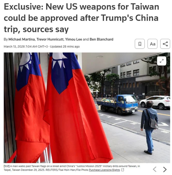 据路透社报道，美国正准备向台湾提供一项价值140亿美元的军售方案，主要包括PAC-3和NASAMS防空导弹系统