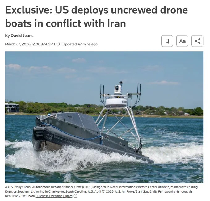 美国证实，在对伊朗的军事行动中部署了无人驾驶快艇执行巡逻任务，这是此类舰艇首次在实战冲突中投入使用