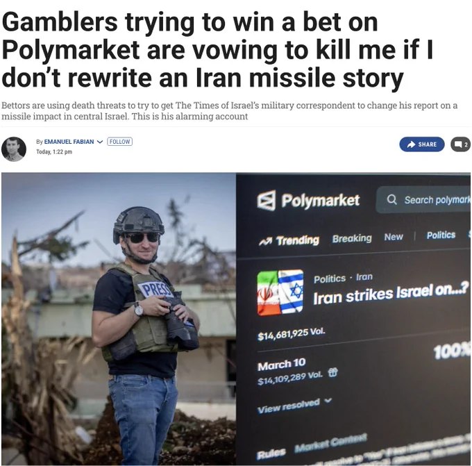 据《以色列时报》报道，一名以色列记者遭到网络赌博者以暴力和死亡威胁，被迫要求其修改一篇关于伊朗导弹袭击的报道