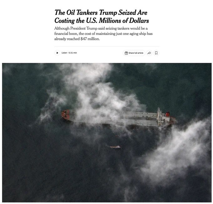 据《纽约时报》报道，美国扣押受制裁油轮的维护费用高昂，与"没收可获利"的说法相悖