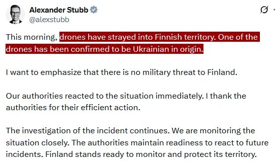 芬兰总统亚历山大·斯图布证实，近日进入芬兰领空的无人机中，有一架"来自乌克兰"